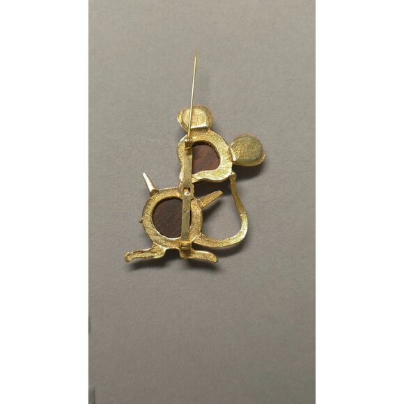 Vintage 1960's Mouse Brooch Gold Tone Wood Accents Red Rhinestone Eyes Adorable - Picture 4 of 5